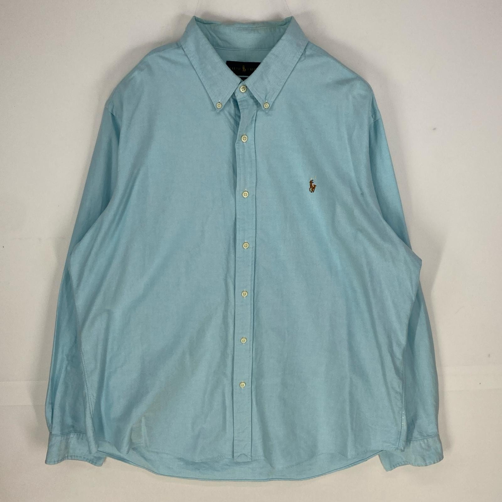 古着 ラルフローレン RALPH LAUREN 長袖シャツ ワンポイント 刺繍ロゴ ボタンダウン ロングスリーブ 大きいサイズ 2XL  水色系 メンズ