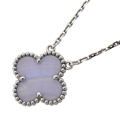 【6jdb0295】ヴァンクリーフ&アーペル ネックレス ヴィンテージ アルハンブラ K18WG ホワイトゴールド カルセドニー ブルー【中古】レディース