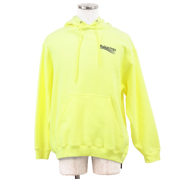 【美品】BALENCIAGA バレンシアガ スウェット サイズ XS メンズ 2020年製 パーカー フーディー ロゴ プリント コットン100% トップス タグ付属 ライトイエロー 黄 ポルトガル製