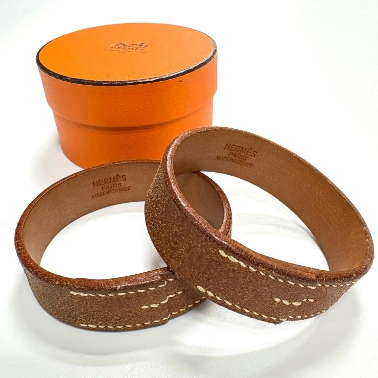 HERMES プールトゥール レザー ブラウン バングル2点セット □C刻印 鑑定済み 正規品 エルメス