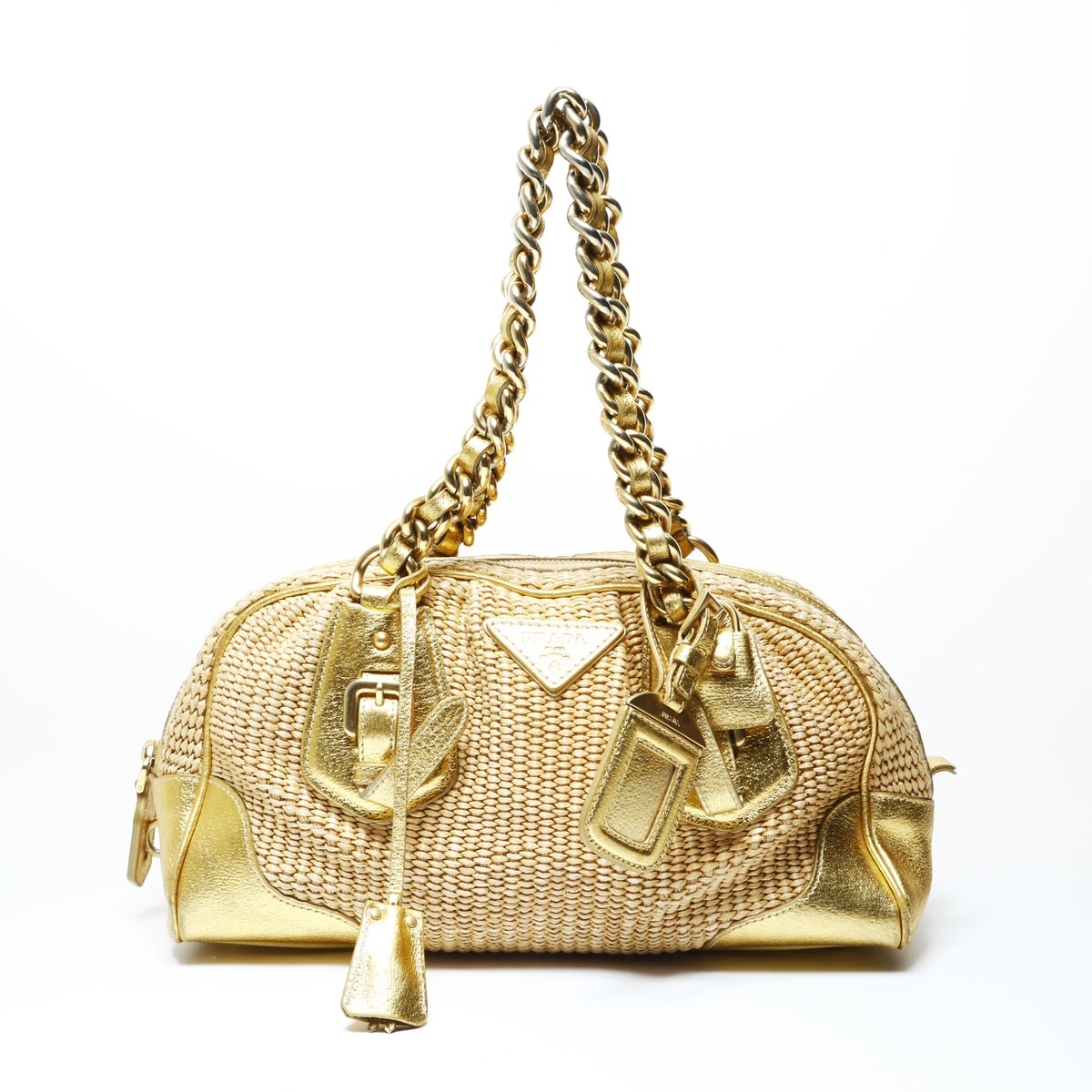 プラダ PRADA ラフィア カゴバッグ レザー チェーンショルダー ショルダーバッグ【中古】