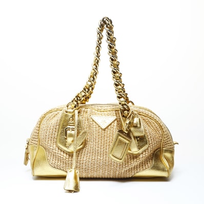 プラダ PRADA ラフィア カゴバッグ レザー チェーンショルダー ショルダーバッグ【中古】