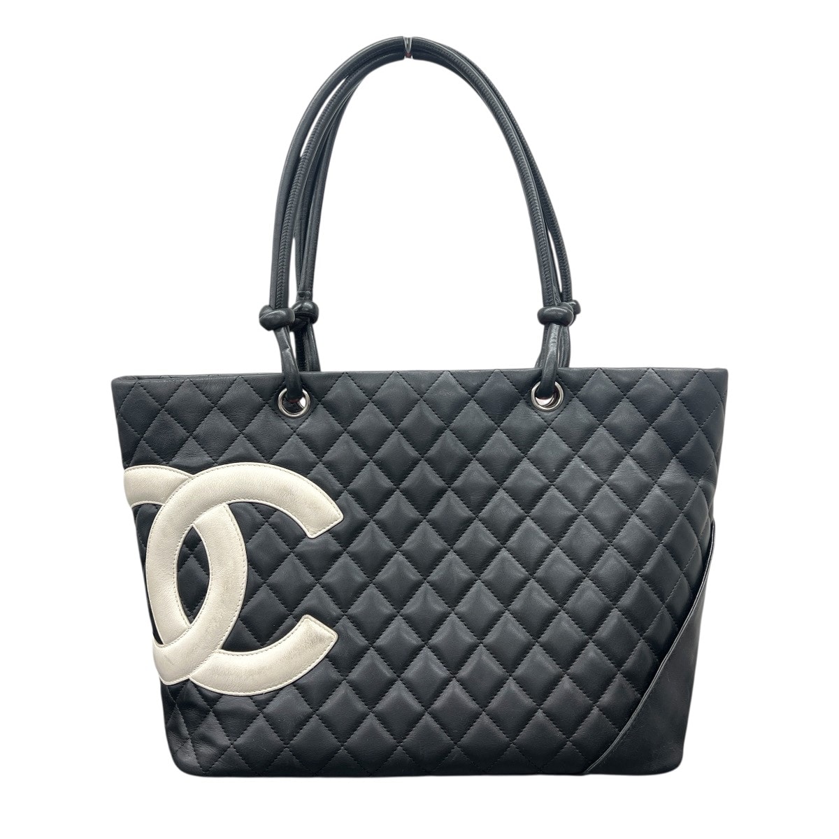 CHANEL シャネル カンボンライン ラージ トートバッグ A25169 レザー 9番台シリアル ブラック ホワイト 保存袋付属 ショッピングバッグ ハンドバッグ シルバー金具 ココマーク Bランク 鑑定済 中古 シャネルバッグ
