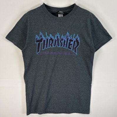 古着 スラッシャー THRASHER 半袖Tシャツ プリント ロゴ ファイヤーデザイン スケボー S グレー系 メンズ