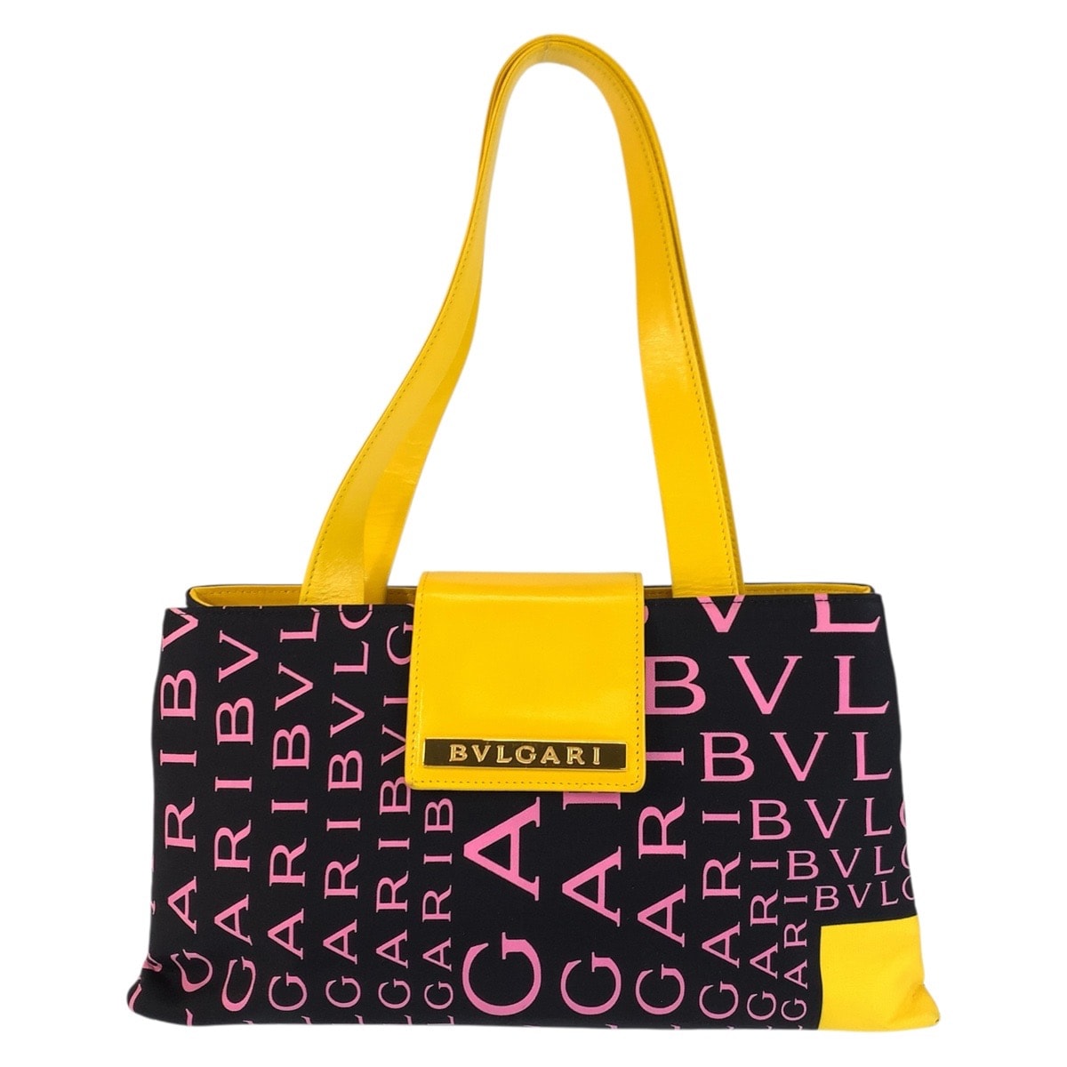 美品 BVLGARI ブルガリ ロゴマニア ブラック イエロー ピンク キャンバス レザー/ ショルダーバッグ トートバッグ 602216 【中古】