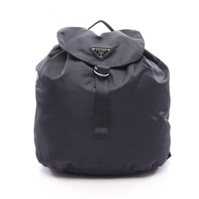 プラダ PRADA 三角プレート ドローストリング リュックサック バックパック バッグ ナイロン レザー レディース ネイビー系 【中古】