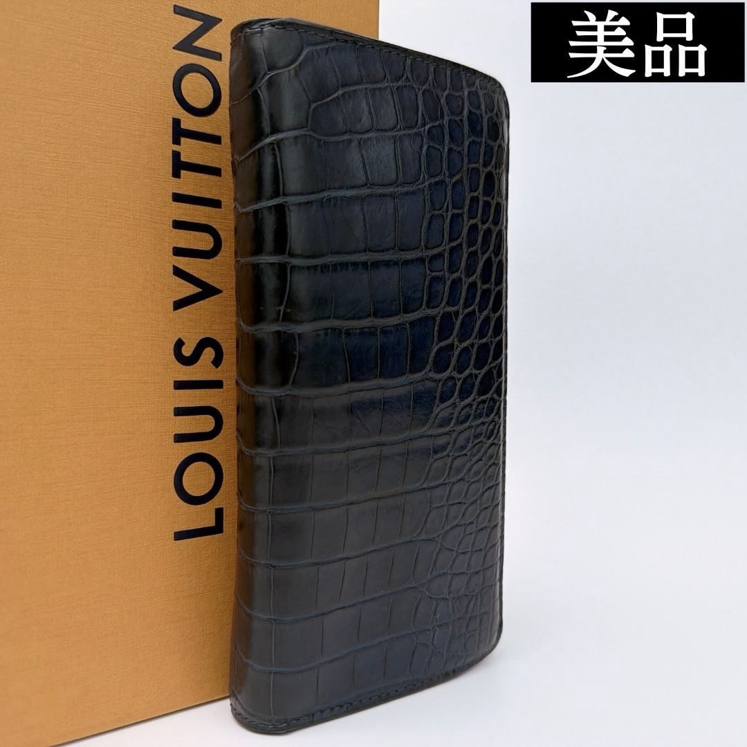 【美品】ルイヴィトン ポルトフォイユ ブラザ ロングウォレット クロコダイル エキゾチックレザー 長財布 ネイビー RFID