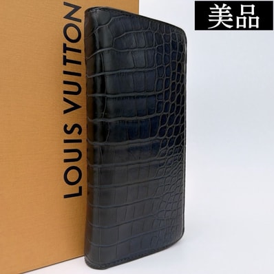 【美品】ルイヴィトン ポルトフォイユ ブラザ ロングウォレット クロコダイル エキゾチックレザー 長財布 ネイビー RFID