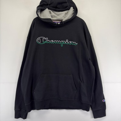 古着 チャンピオン Champion パーカー ビッグロゴプリント 大きいサイズ スウェット XL ブラック メンズ