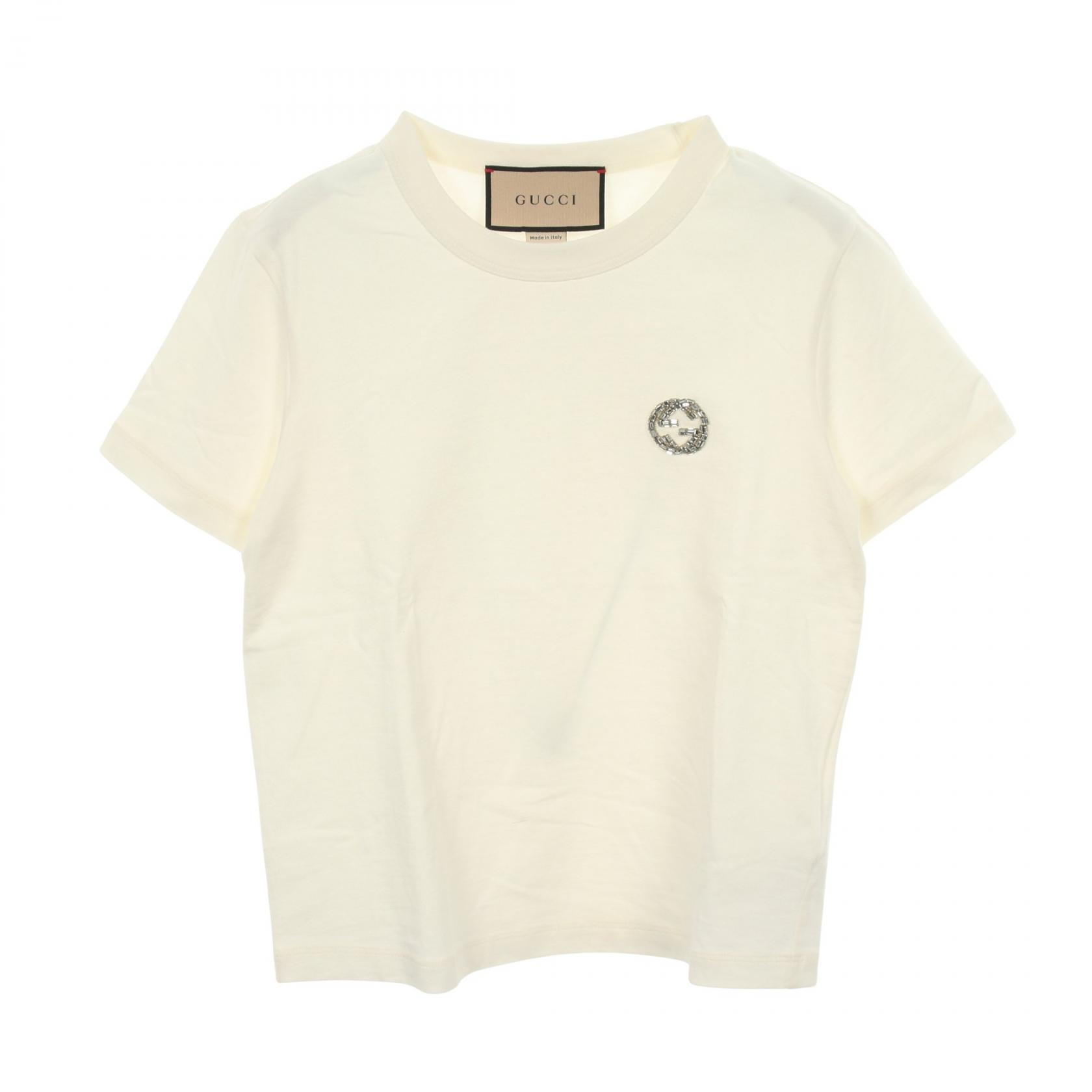 グッチ GUCCI インターロッキングG ビジュー 半袖Tシャツ 衣料品 トップス コットン レディース ホワイト系 【中古】