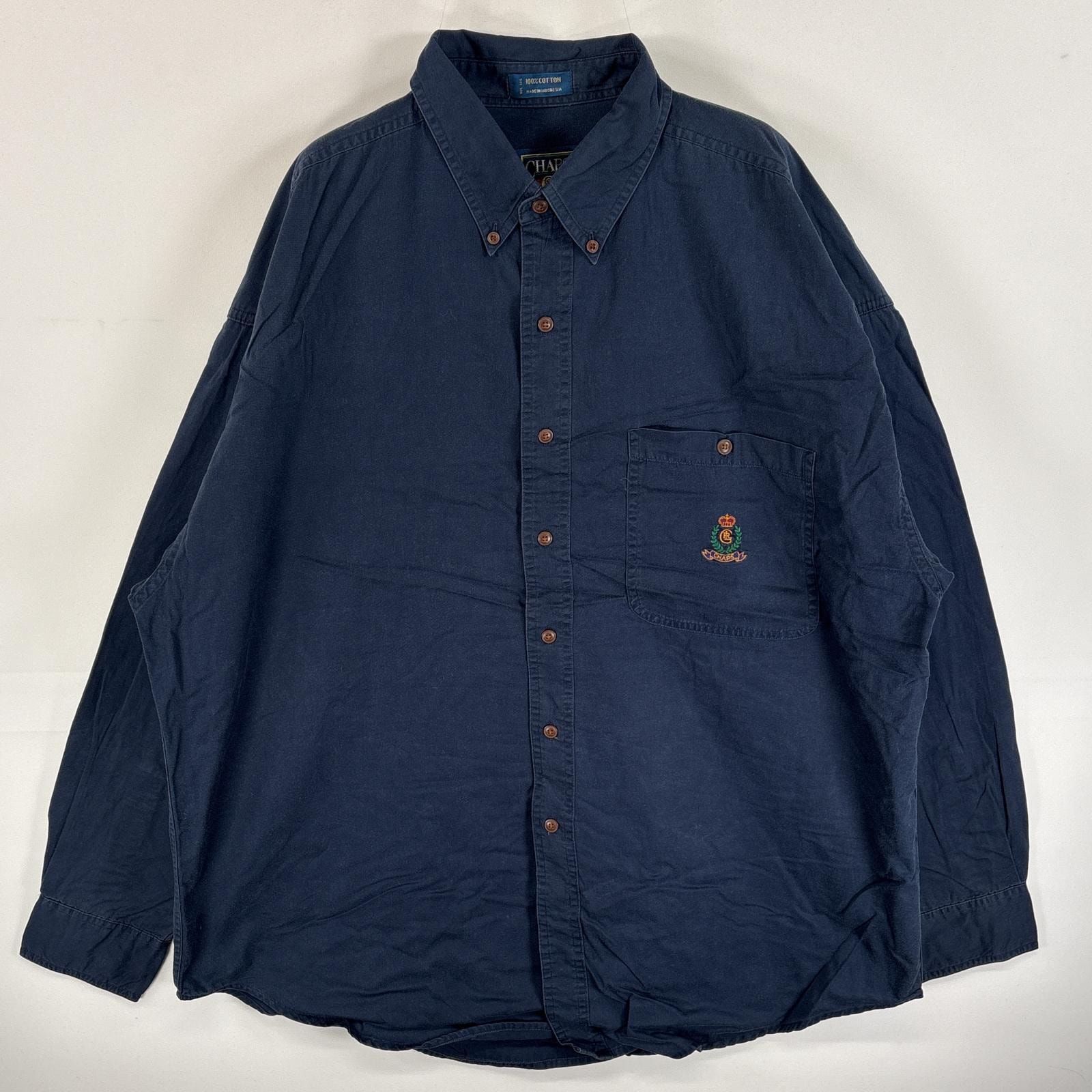 古着 80's/80年代 ヴィンテージ チャップスラルフローレン CHAPS RALPHLAUREN 長袖シャツ ワンポイント ロゴ 刺繍 大きいサイズ ボタンダウンシャツ XL  ネイビー 無地 メンズ