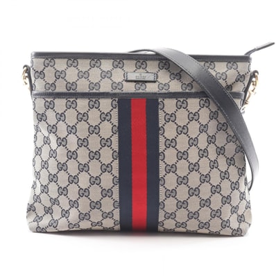 グッチ GUCCI シェリーライン GGキャンバス ショルダーバッグ バッグ キャンバス レザー レディース ベージュ系 / ネイビー系 388926 【中古】