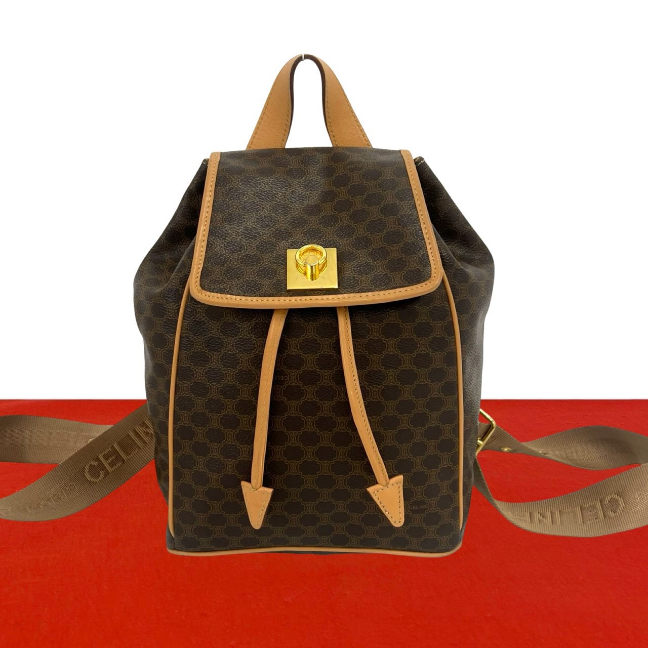 CELINE セリーヌ マカダム ブラゾン トリオンフ 柄 ロゴ リング金具 レザー PVC リュックサック ブラウン
 38566