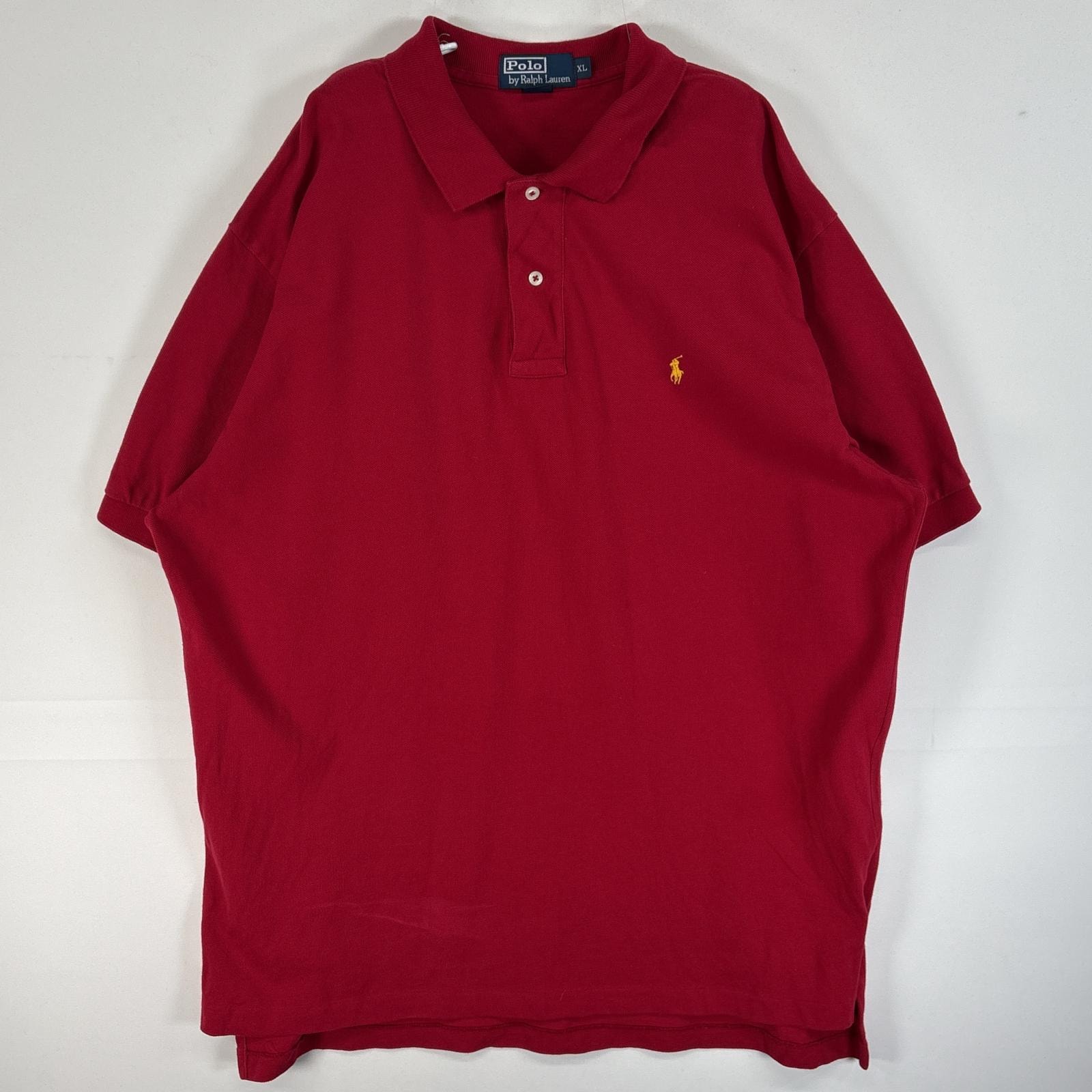 古着 90's/90年代 ポロバイラルフローレン Polo by Ralph Lauren 鹿の子 半袖 ポロシャツ ロゴ 刺繍 2ボタン 大きいサイズ XL  レッド 無地 メンズ
