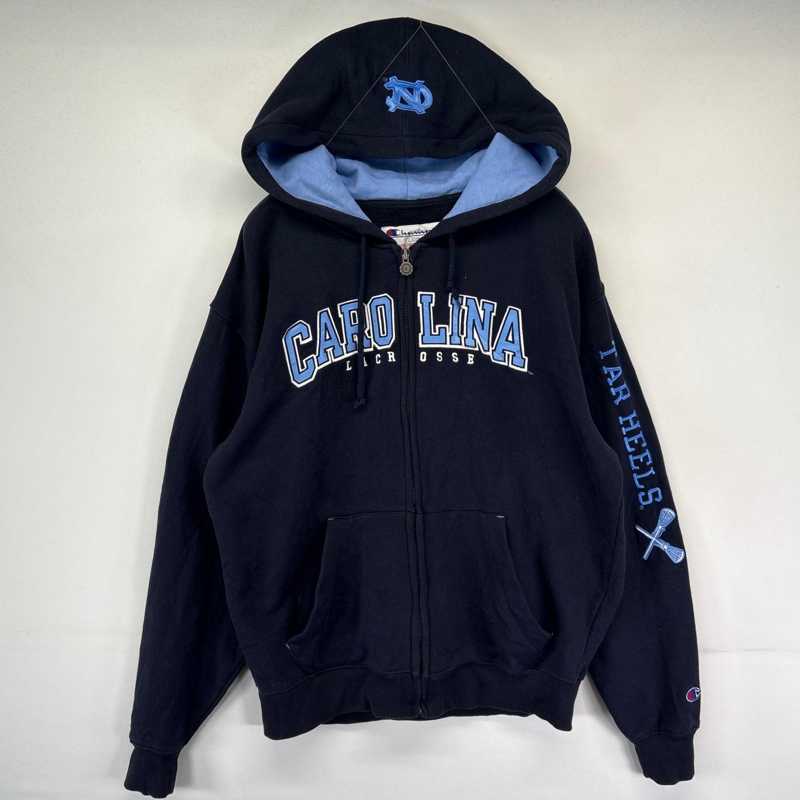 古着 チャンピオン Champion パーカー フルジップ スウェット カレッジロゴ ノースカロライナ 刺繍デザイン M ダークネイビー系 メンズ
