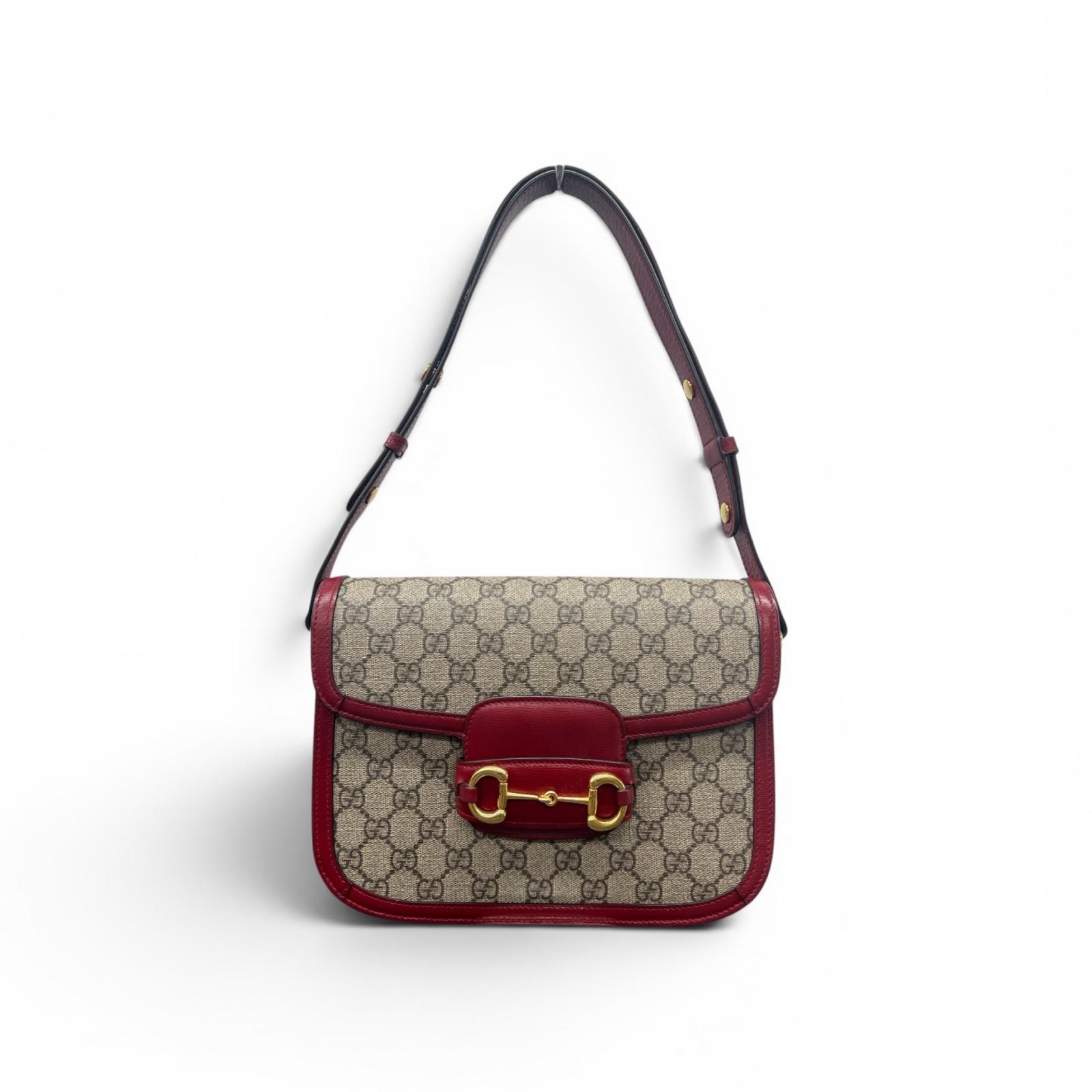 GUCCI 現行品 極美品 グッチ ホースビット 1955 ミディアム 2way ショルダーバッグ GGスプリーム 602204 PVC レザー レッド クロスボディ GGプラス Aランク 中古 鑑定済 グッチバッグ【定価462,000円】