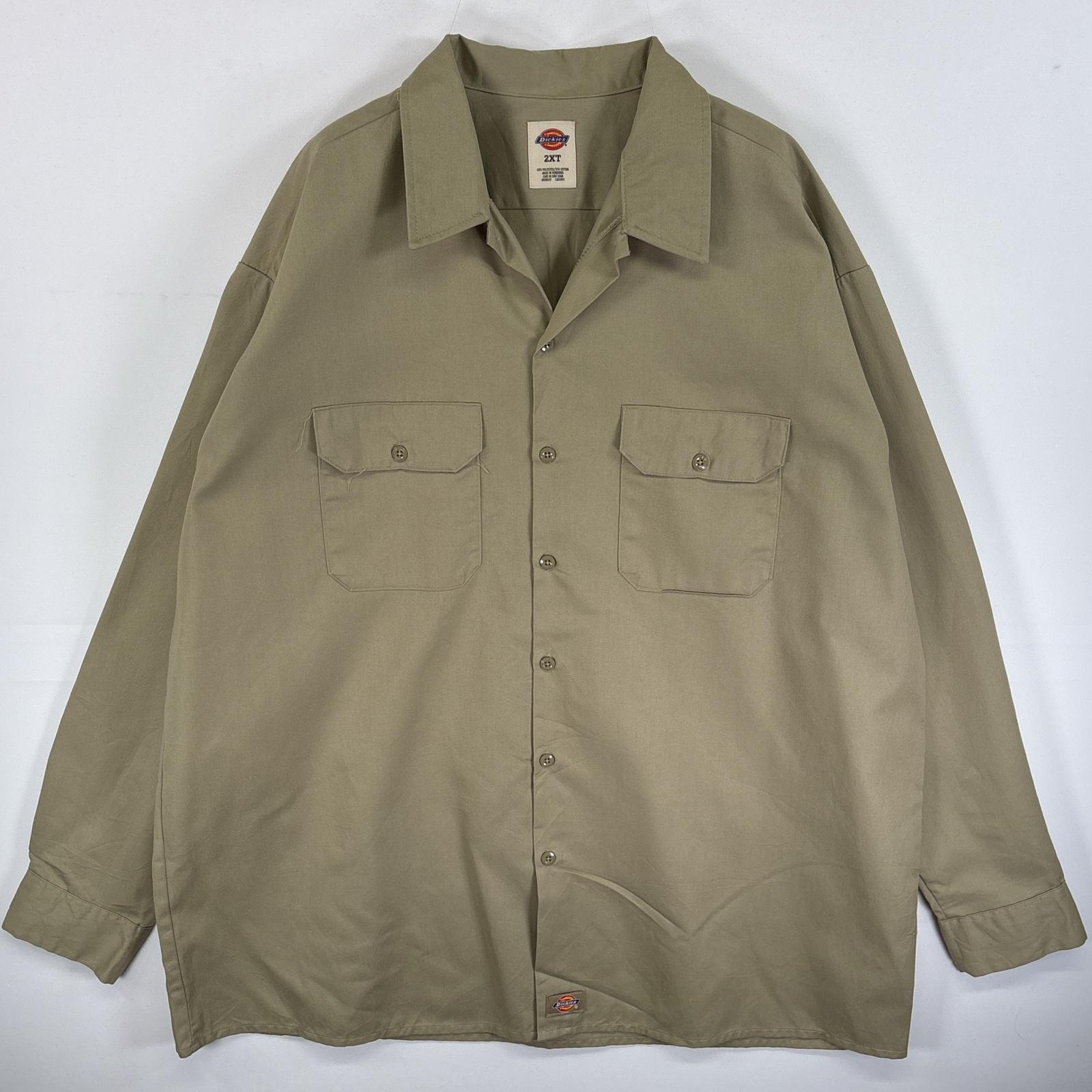 古着 ディッキーズ Dickies 長袖シャツ ワークシャツ 大きいサイズ ワンポイント ロゴ 2XT  ベージュ 無地 メンズ