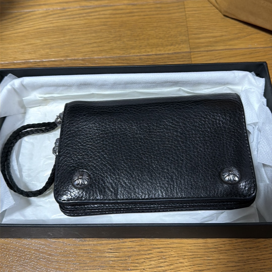 Chrome Hearts 2-Zip Wallet Cross Button Strap Black Leather "Black"