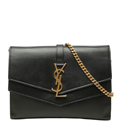 サンローラン YSLロゴ 斜め掛け チェーンウォレット ショルダーバッグ ブラック レザー レディース SAINT LAURENT 【中古】