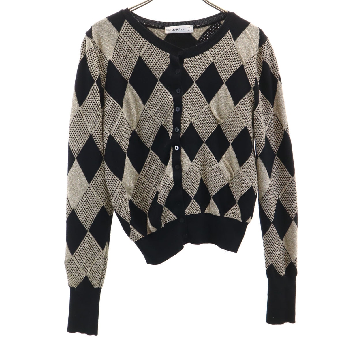 ZARA KNIT ザラニット ダイヤ柄 長袖 クロップド丈 ニットカーディガン M ゴールド