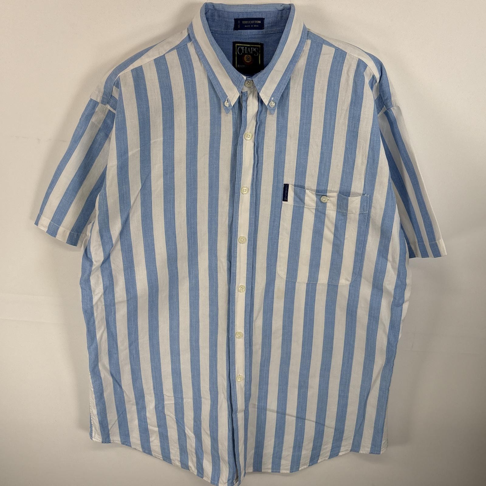 古着 80's/80年代 チャップスラルフローレン CHAPS RALPHLAUREN 半袖シャツ ボタンダウンシャツ ワンポイント ロゴ 胸ポケ L  ホワイト系 ストライプ メンズ