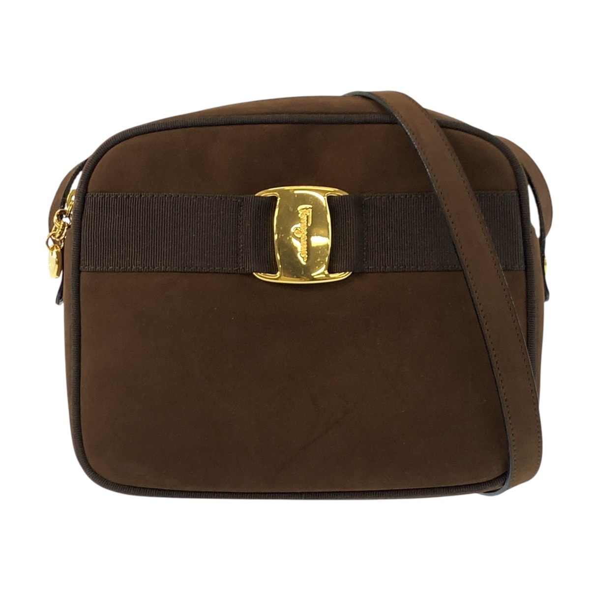 美品 Salvatore Ferragamo サルヴァトーレフェラガモ ヴァラリボン ブラウン ゴールド金具 スウェード ショルダーバッグ ポシェット 602782 【中古】