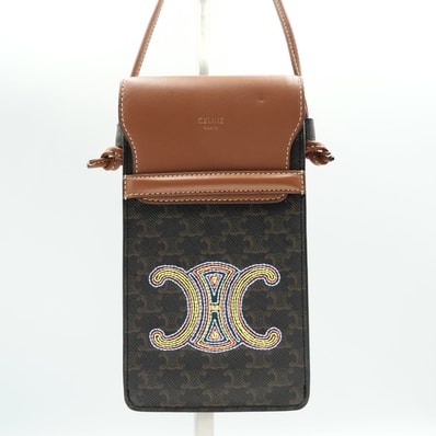 CELINE(セリーヌ)トリオンフ キャンバス フォンポーチ モバイルショルダー ブラウン レザー マルチカラー刺繍 レディース【中古】
