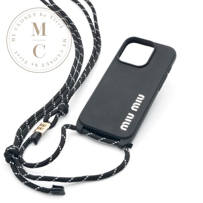 ミュウミュウ MIUMIU 携帯・スマホアクセサリー ブラック ホワイト ゴールド ロゴ スマホケース iPhone14pro iPhoneケース ショルダー