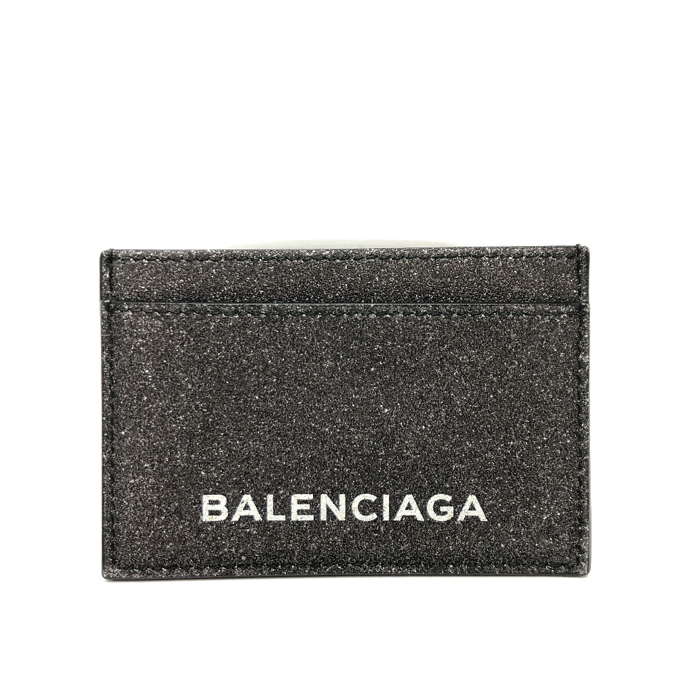 バレンシアガ BALENCIAGA パスケース 392126 ロゴ ラメ カードホルダー 名刺入れ カードケース レザー グレー 新品同様