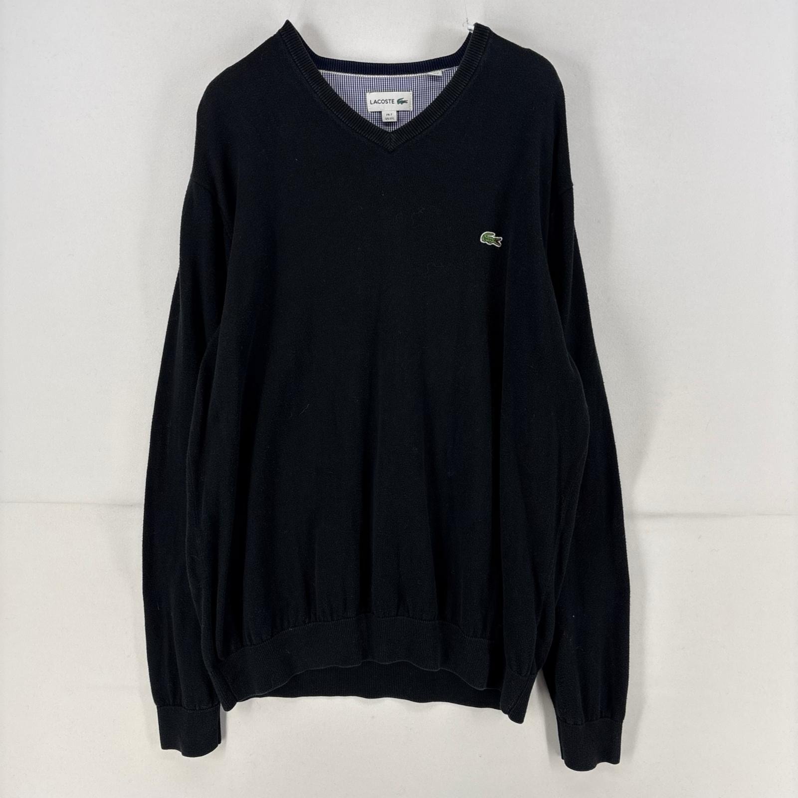 古着 ラコステ LACOSTE ニット プルオーバー 大きいサイズ Vネック ワンポイント セーター 刺繍 2XL  ブラック 無地 メンズ