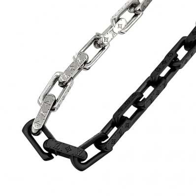 LOUIS VUITTON ルイヴィトン ネックレス モノグラムチェーン アクセサリー M00677 シルバー ブラック 黒 メンズ 約130.9g【中古品】