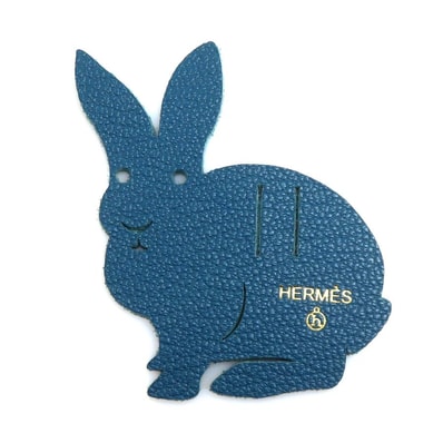 エルメス HERMES チャーム リボンチャーム プティアッシュ ラビット うさぎ レザー グリーンブルー ユニセックス【中古】 r11239c
