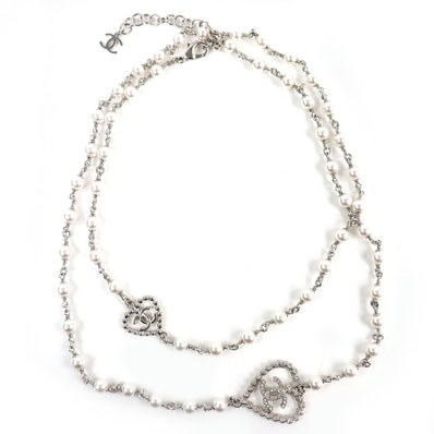 未使用 シャネル ココマークハート パール ラインストーン ネックレス C25P