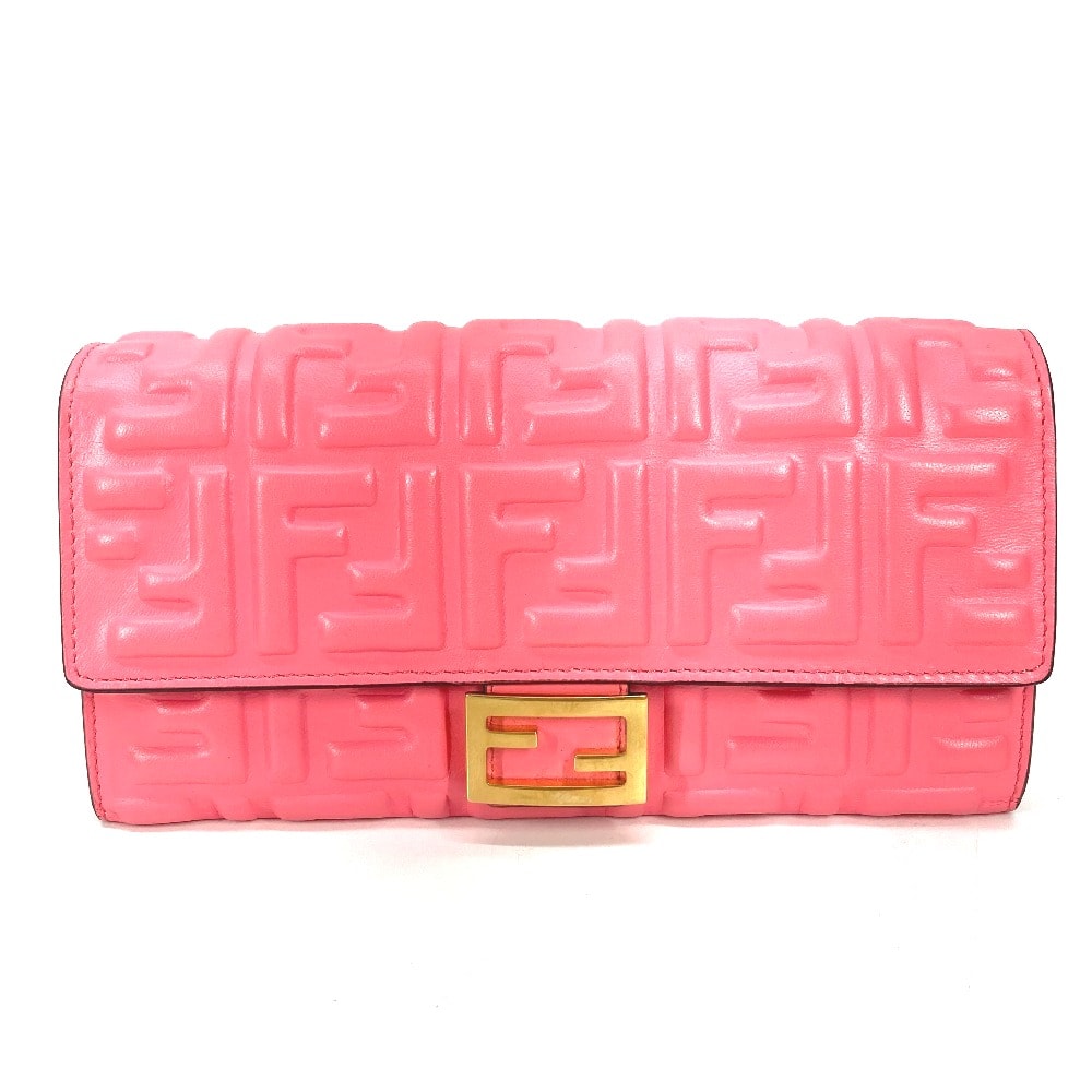 フェンディ FENDI バゲット コンチネンタル 8M0251 ズッカ フラップ 二つ折り ロングウォレット 長財布 レザー ピンク 美品