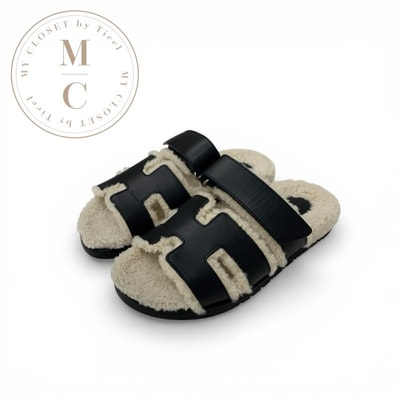 エルメス HERMES シプレ サンダル 靴 シューズ レザー ムートン ブラック アイボリー ベルクロ ストラップ フラット ボア