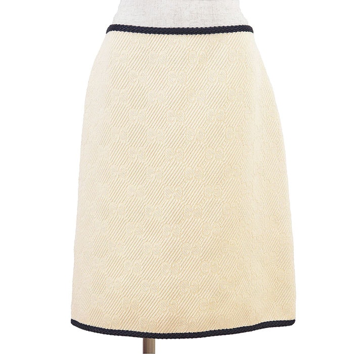 未使用 グッチ 2019年製 ウール シルク GG ロゴ モノグラム ジャガード スカート レディース アイボリー ネイビー 44 GUCCI