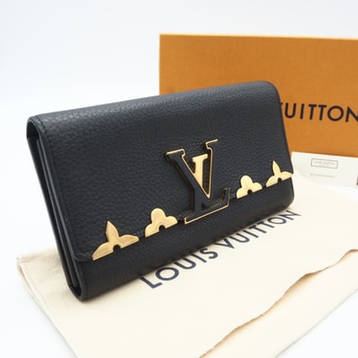 美品 LOUIS VUITTON ルイ・ヴィトン トリヨン ポルトフォイユカプシーヌ M64551 長財布 ブラック ゴールド トリヨンレザー レディース