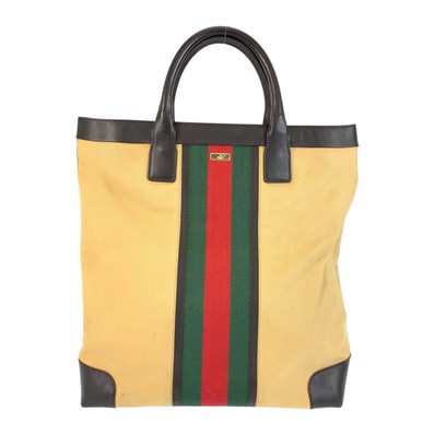 美品 GUCCI グッチ シェリーライン ベージュ ブラウン ゴールド金具 キャンバス レザー/ トートバッグ ハンドバッグ 600026 【中古】