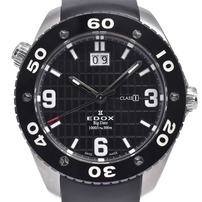 エドックス EDOX 10017 クラスワン ビッグデイト ブラック クォーツ メンズ 良品 箱・保証書付き 腕時計 M#148306