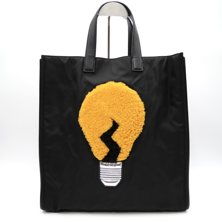FENDI(フェンディ)電球アップリケ アーカイブ トートバッグ ブラック ナイロン レザー イエロー ボアモチーフ シルバー金具 ハンドバッグ レディース メンズ 7VA367-52E【中古】