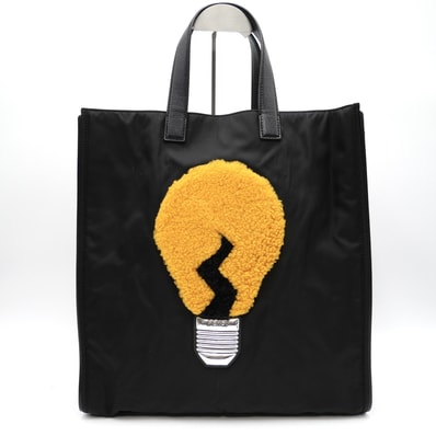 FENDI(フェンディ)電球アップリケ アーカイブ トートバッグ ブラック ナイロン レザー イエロー ボアモチーフ シルバー金具 ハンドバッグ レディース メンズ 7VA367-52E【中古】