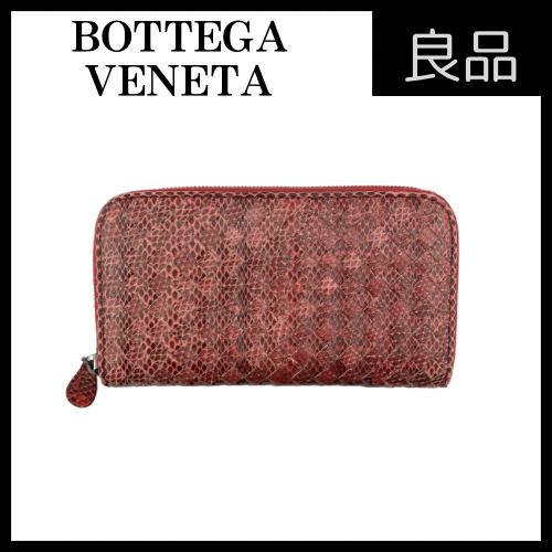 ボッテガヴェネタ パイソン イントレチャート ラウンドファスナー 長財布 レッド