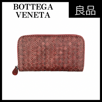 ボッテガヴェネタ パイソン イントレチャート ラウンドファスナー 長財布 レッド