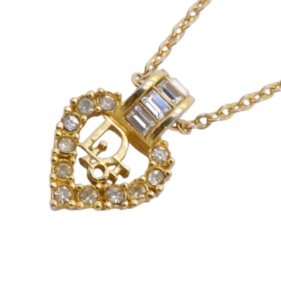 【6jdb0510-k】クリスチャンディオール ネックレス ディオールロゴ GPメッキ ラインストーン ゴールド【中古】レディース