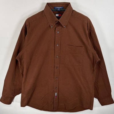 古着 90's/90年代 トミーヒルフィガー TOMMY HILFIGER 長袖シャツ ボタンダウンシャツ 胸ポケ ワンポイント ロゴ 15 1/2 M ブラウン 無地 メンズ