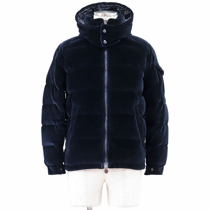 【美品】MONCLER モンクレール ダウンジャケット ベロア MAY 2018年製 ロゴ ワッペン ボタン フード取り外し可能 2WAY コットン100% アウター ハンガー/ガーメント付属 レディース サイズ 0 ネイビー 紺 ルーマニア製