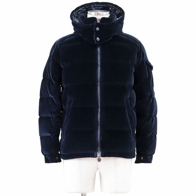 【美品】MONCLER モンクレール ダウンジャケット ベロア MAY 2018年製 ロゴ ワッペン ボタン フード取り外し可能 2WAY コットン100% アウター ハンガー/ガーメント付属 レディース サイズ 0 ネイビー 紺 ルーマニア製