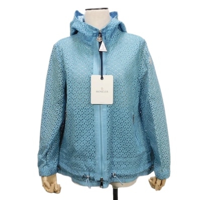 MONCLER モンクレール ロンボウ 2 ROMBOU GIUBBOTTO ロンブー フローラル アイレット レース ジップアップ ドローコード フーディ ジャケット 美品 ロゴ ワッペン ナイロン ライトブルー シルバー パーカー 4609405