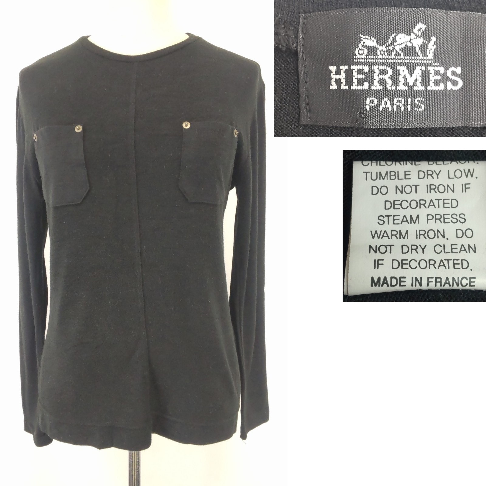 美品★フランス製★HERMES【エルメス】ニット/Wポケット/長袖Tシャツ【レディースL程度/黒/black】薄手/Tops/Shirts◆BJ007-b