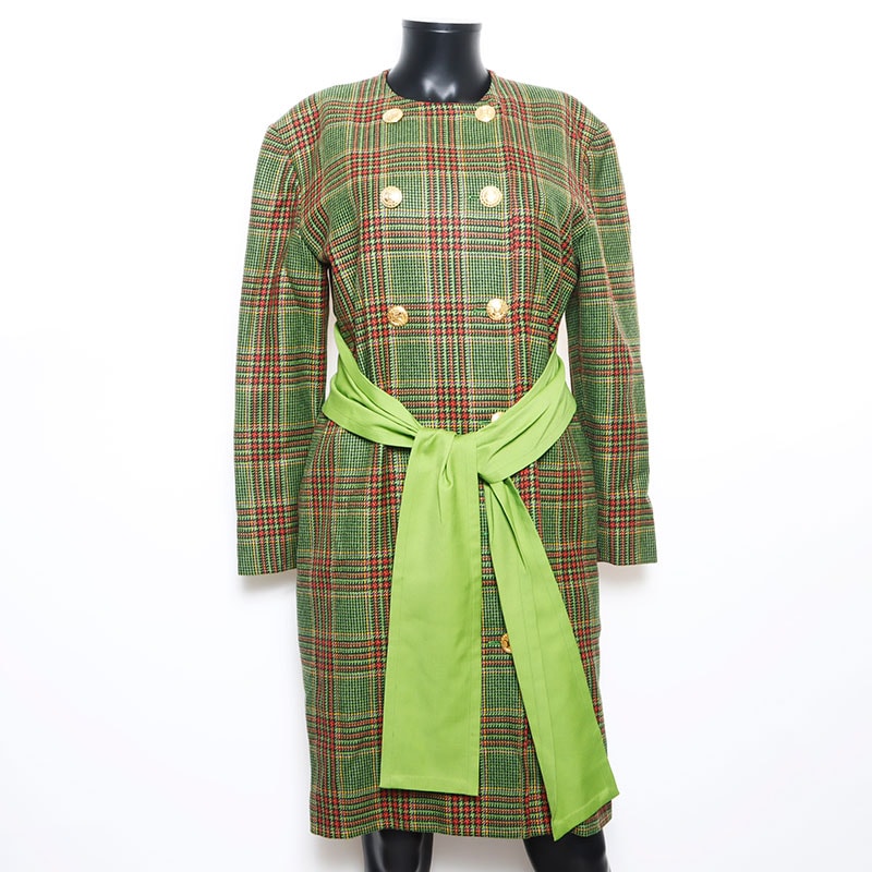 セリーヌ CELINE ノーカラー チェック柄 金ボタン マカダムボタン チェックパターン コート【中古】